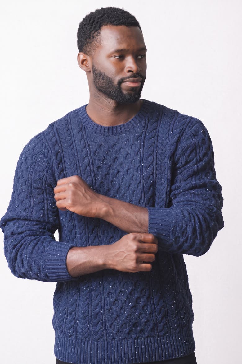 Men's Organic Fisherman Cable Knit Sweater, Alternate, color, Navy Fleck