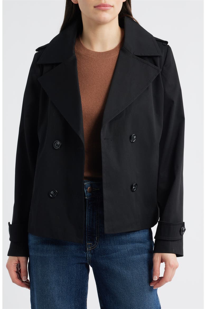 Water Resistant Double Breasted Short Trench Coat, Alternate, color, BLACK