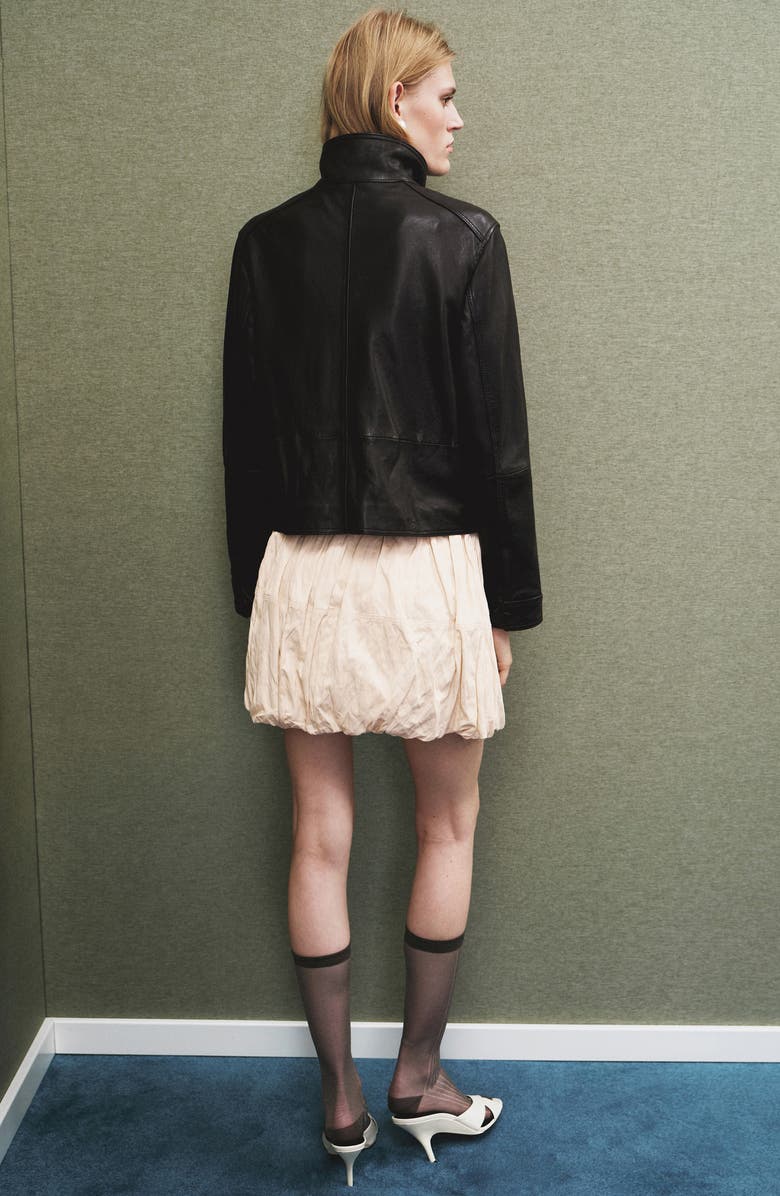 MANGO Stand Collar Leather Jacket, Alternate, color, 