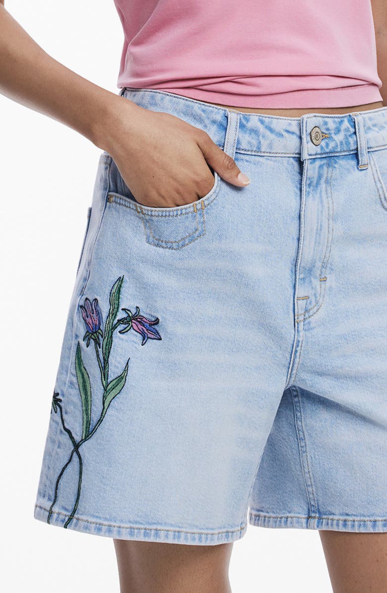 Desigual Floral Embroidered Denim Shorts, Alternate, color, Light Blue