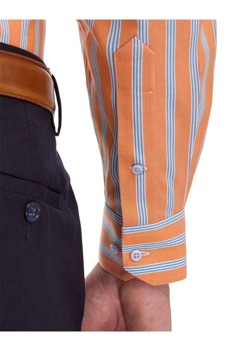 Cotton Spandex Point Collar Pinpoint Classic Contrast Trim Button Cuff Long Sleeve, Alternate, color, Melon/Blue