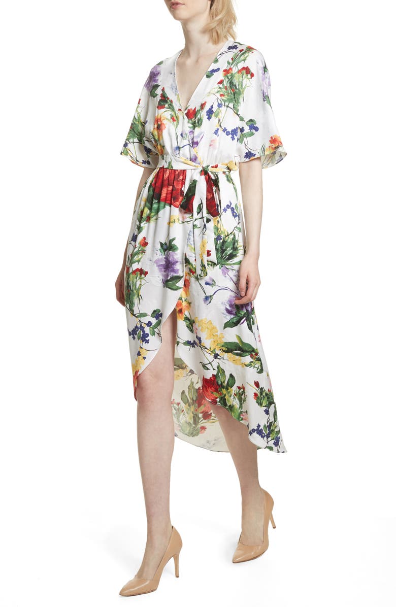 Alice + Olivia Clarine Floral Wrap Midi Dress, Alternate, color, 