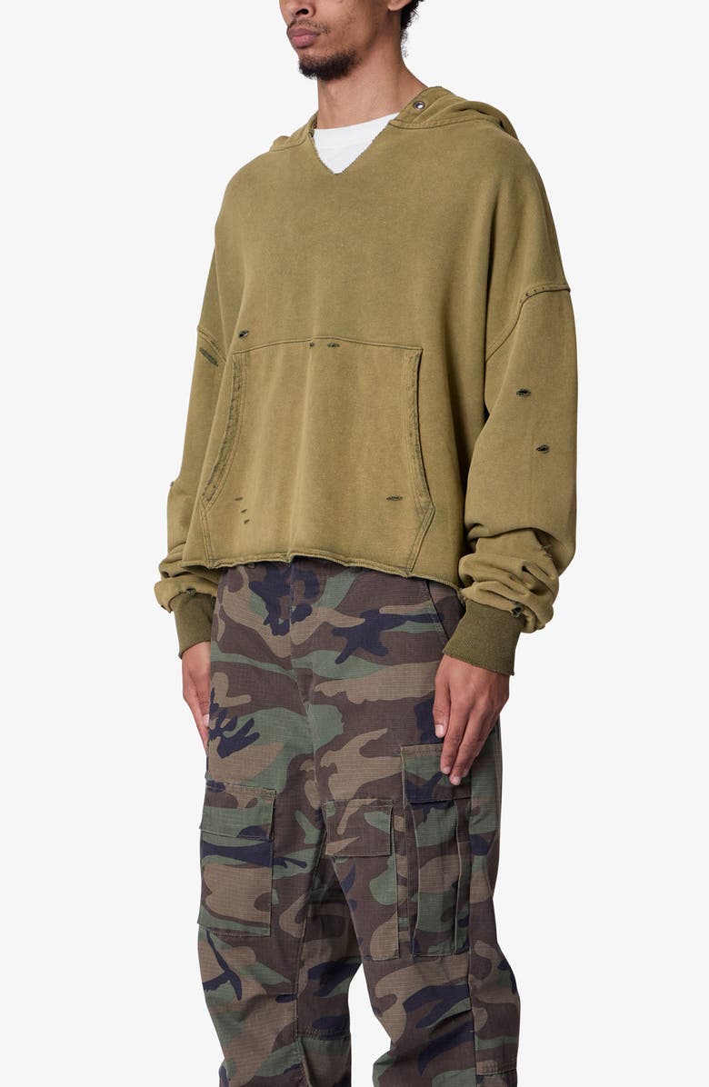 mnml Destroyed V-Neck Hoodie, Alternate, color, Washed Olive