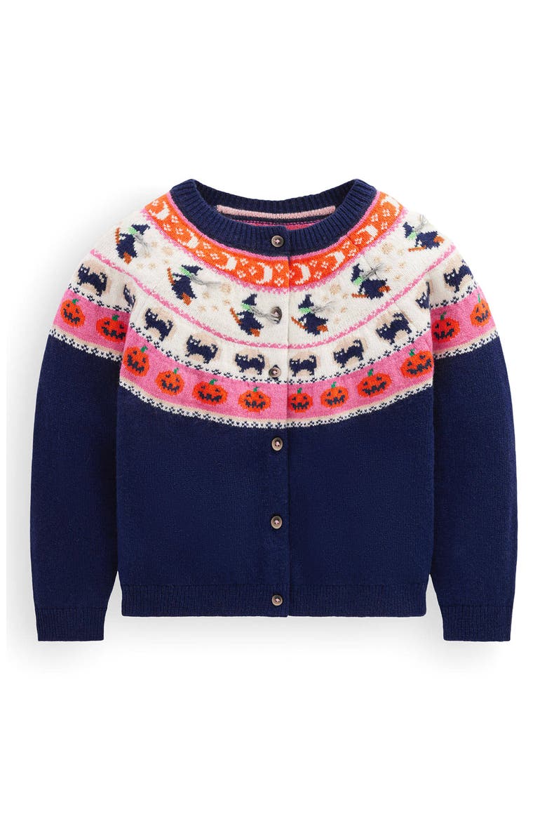 Kids' Edie Halloween Fair Isle Cardigan, Main, color, COLLEGE NAVY HALLOWEEN