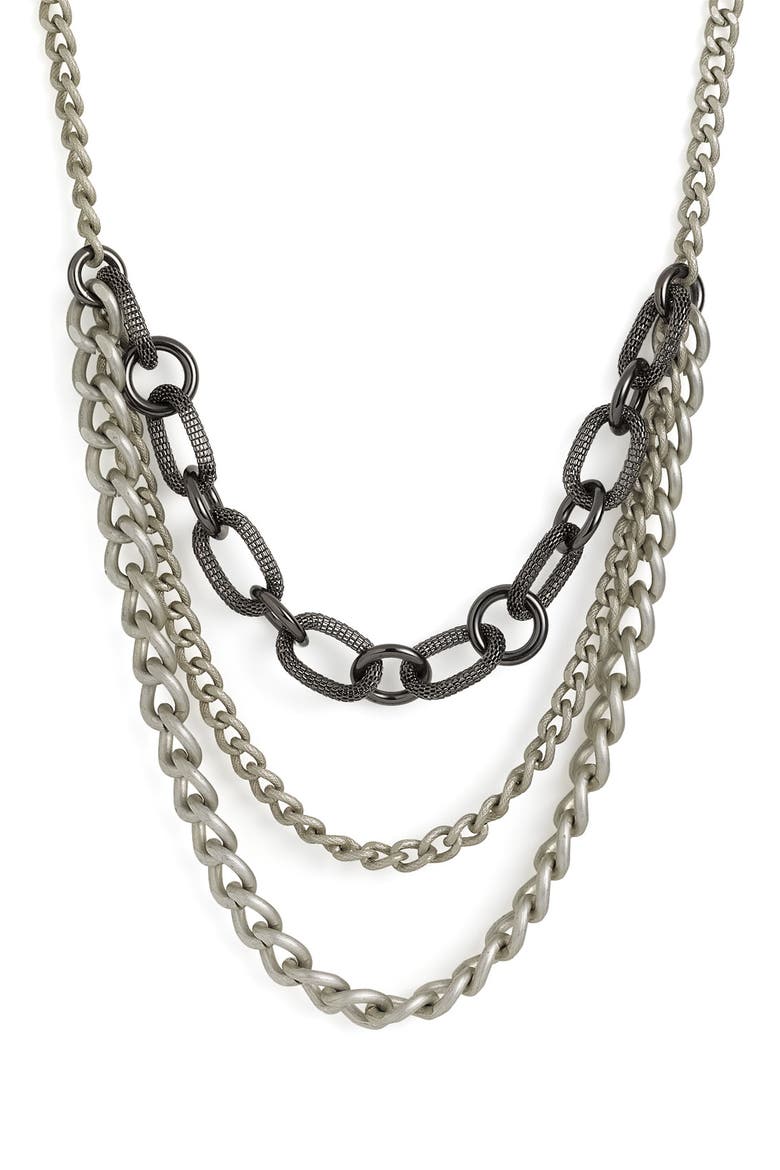 Accessories 3-Row Long Chain Necklace, Main, color, SILVER/ HEMATITE