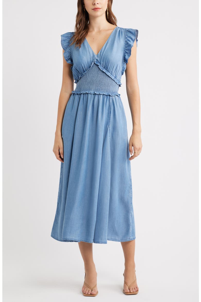 Smocked Chambray Midi Dress, Main, color, MEDIUM WASH