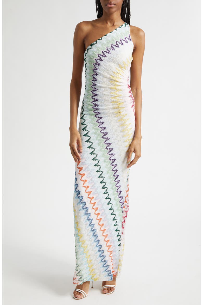 Metallic Zigzag Raschel Knit One-Shoulder Dress, Main, color, MULTICOLOR ON WHITE BASE