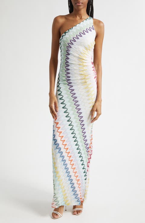 Metallic Zigzag Raschel Knit One-Shoulder Dress