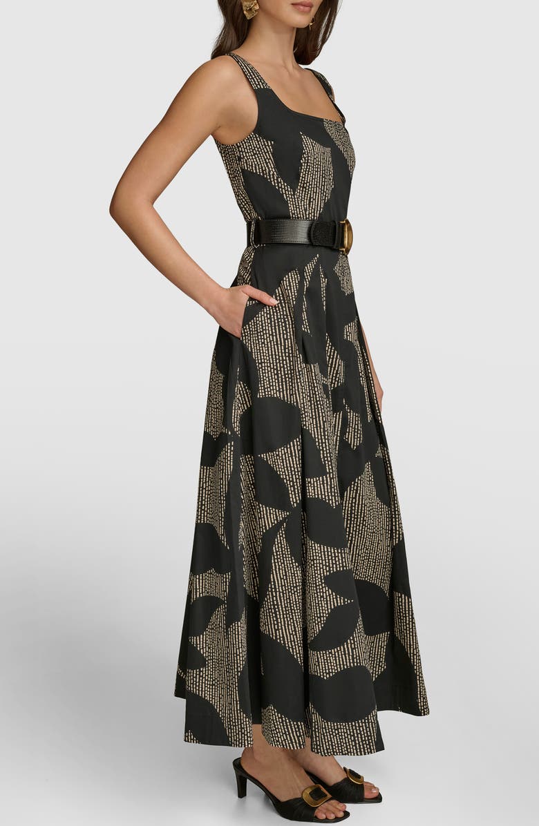 Donna Karan New York Sleeveless Floral Stretch Cotton Midi Dress with Pockets, Alternate, color, Black/ Sand