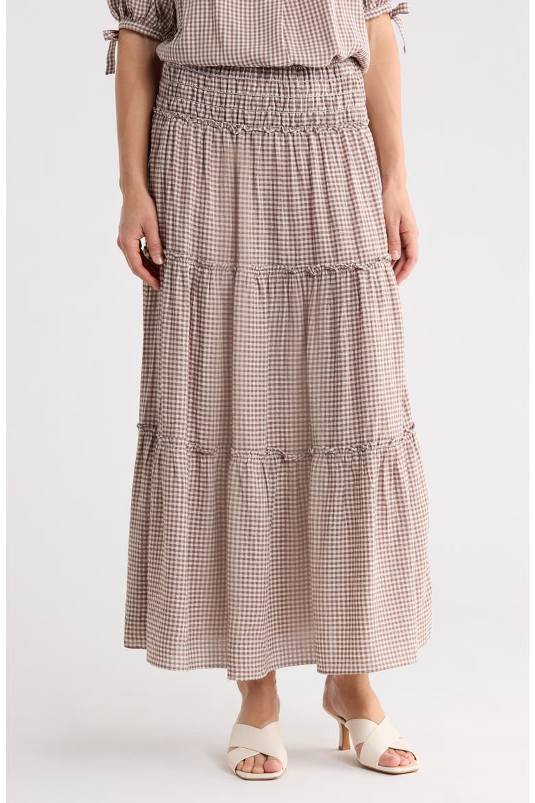 Gingham Tiered Skirt, Main, color, TAUPE/ CREAM