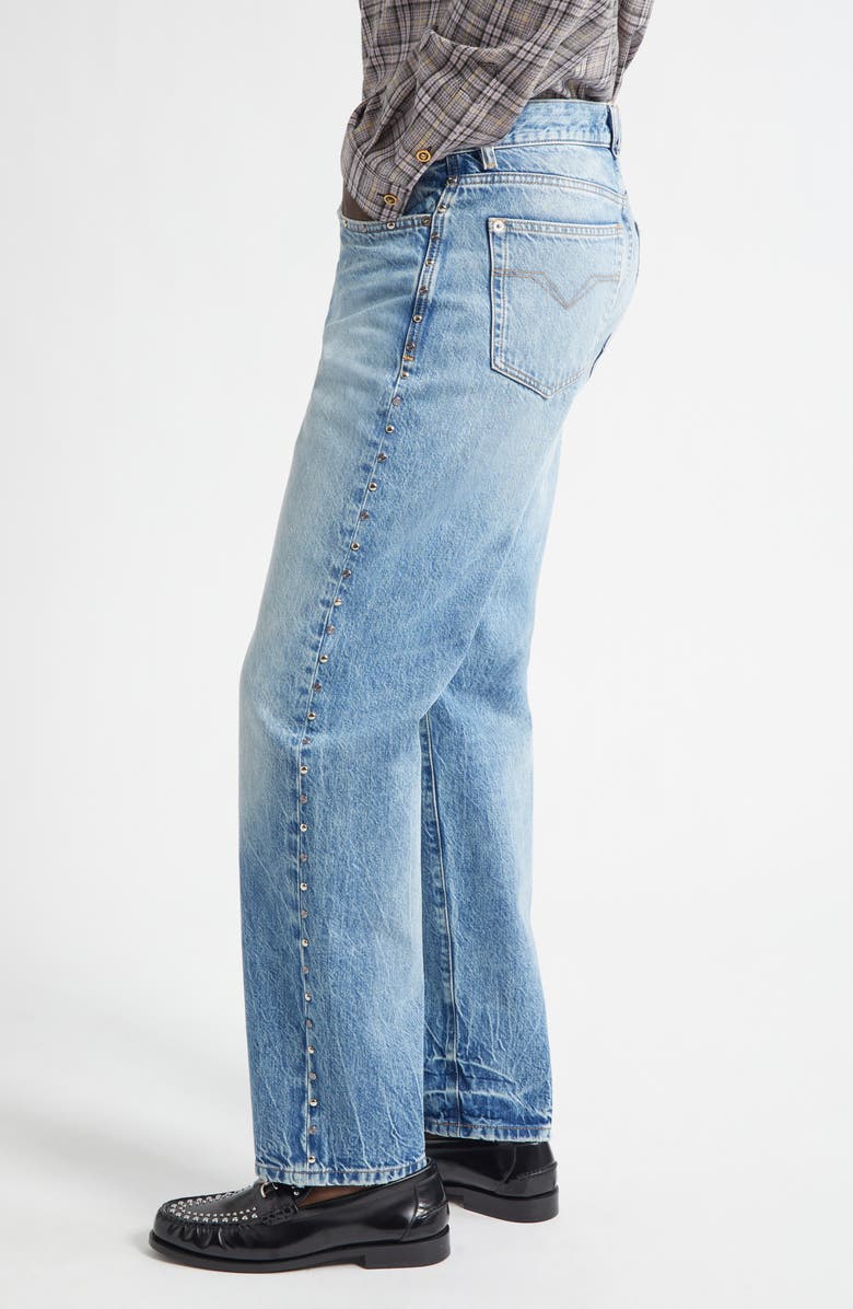 Versace Studded Straight Leg Jeans, Alternate, color, Light Blue