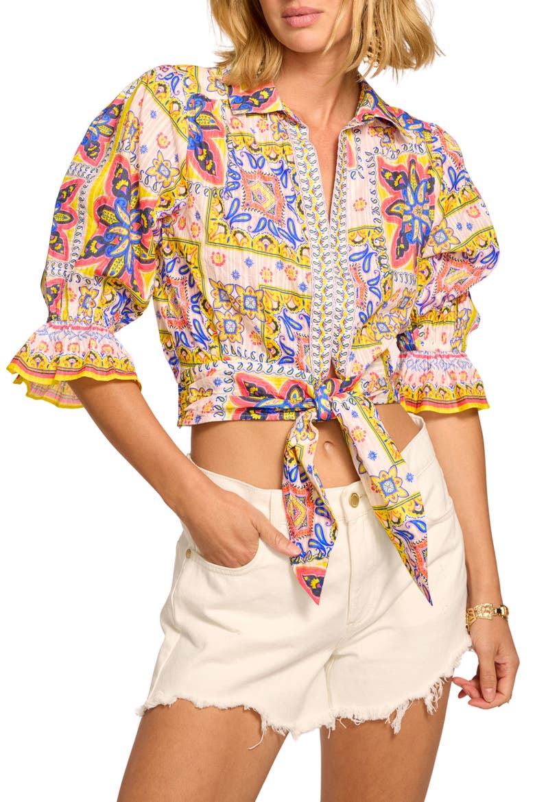 Zola Tile Print Tie Front Shirt, Main, color, WHITE PIAZZA