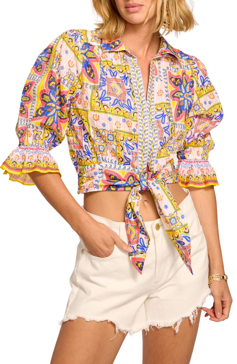 Ramy Brook Zola Tile Print Tie Front Shirt, Main, color, White Piazza
