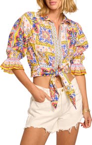 Ramy Brook Zola Tile Print Tie Front Shirt