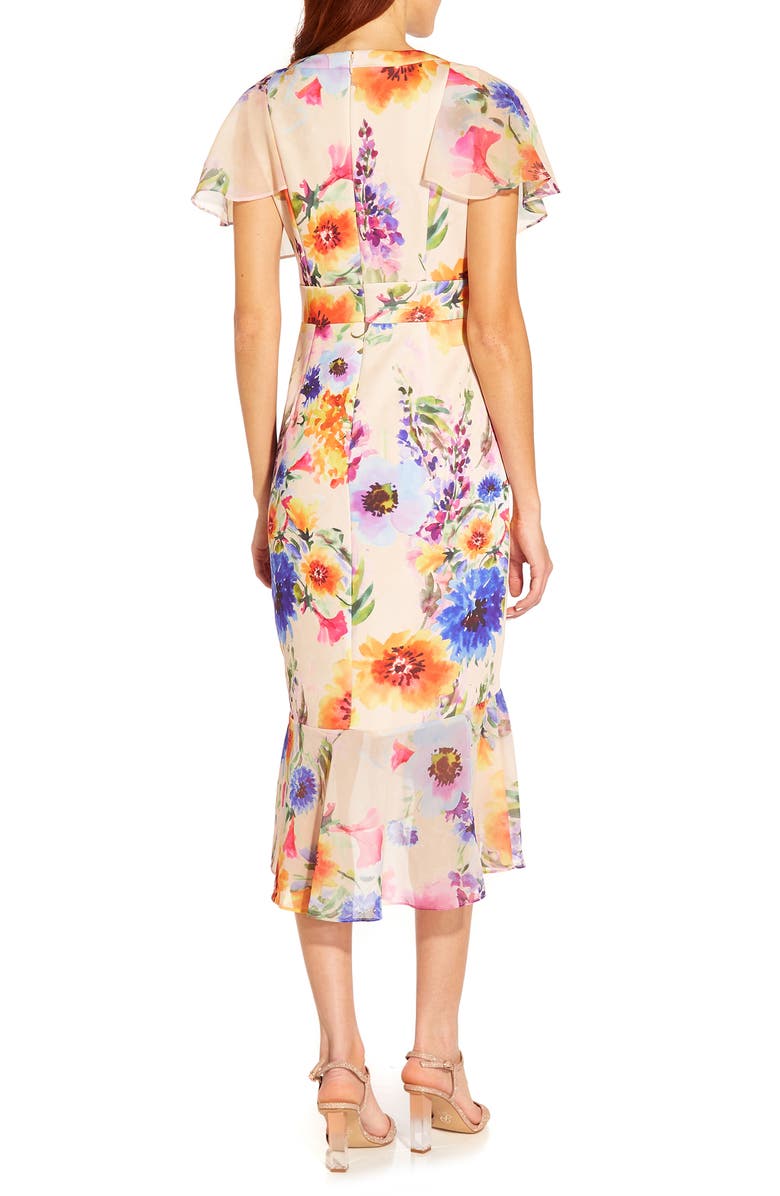 Adrianna Papell Floral Ruffle Faux Wrap Midi Dress, Alternate, color, 