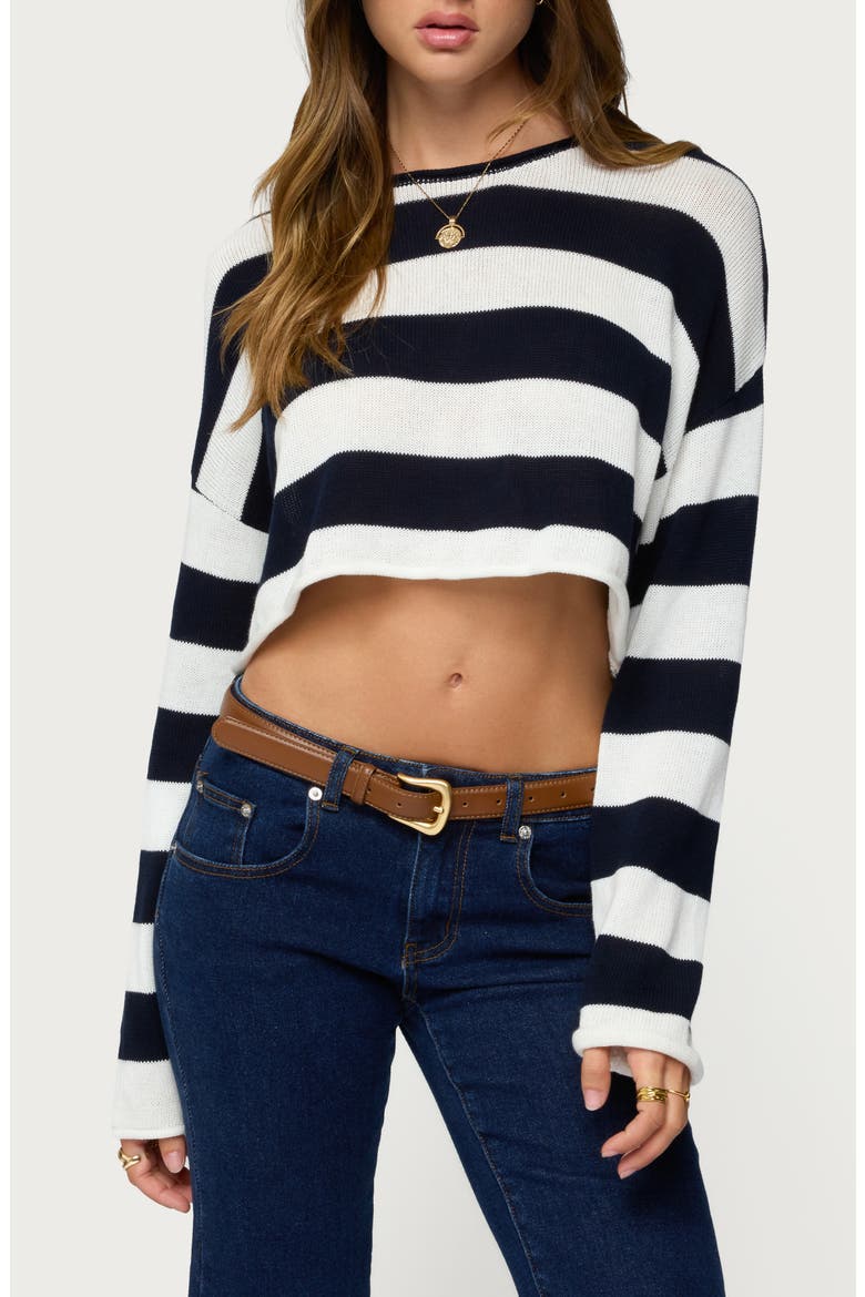 Shyrah Stripe Oversize Knit Crop Top, Main, color, NAVY-AND-CREAM