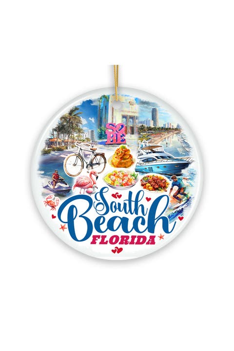 South Beach Florida Watercolor Collage Round Ornament