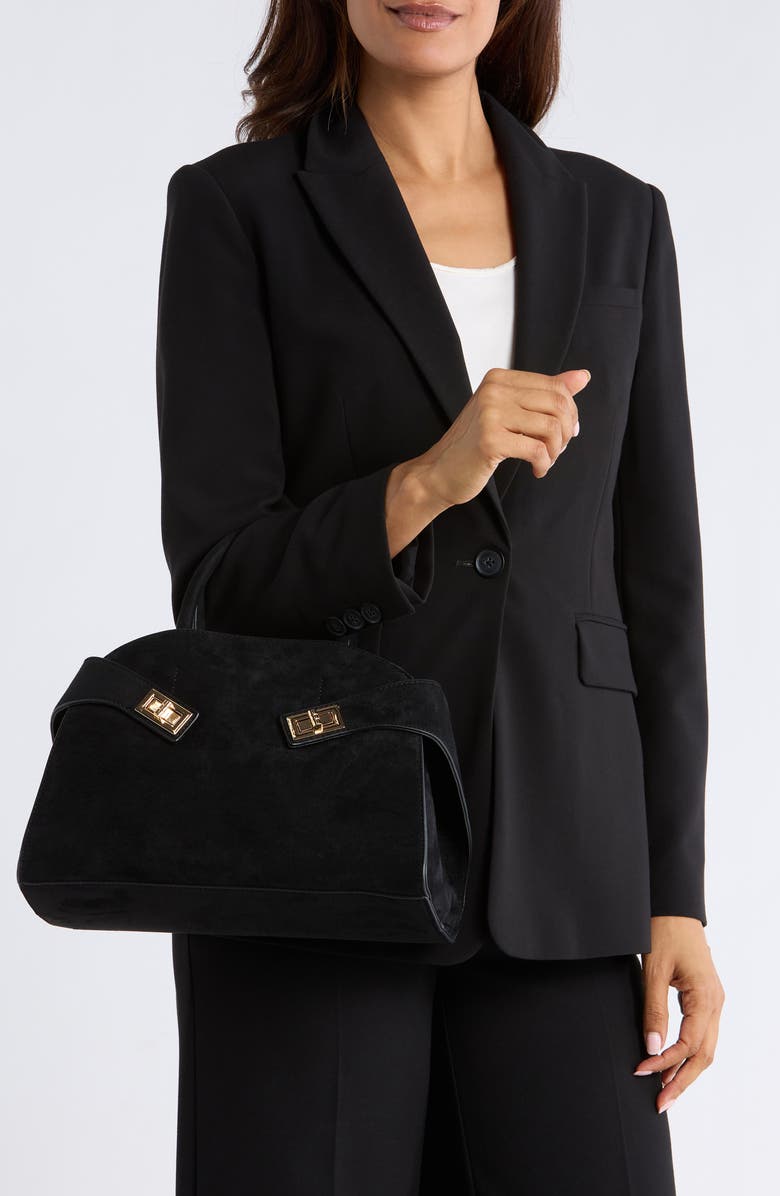 URBAN EXPRESSIONS HANDBAGS Faux Suede Double Buckle Satchel, Alternate, color, Black