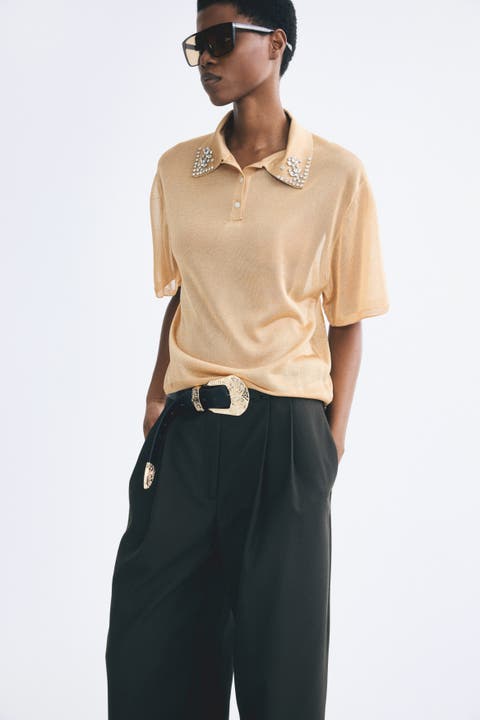 Embellished Fine-knit Polo Shirt