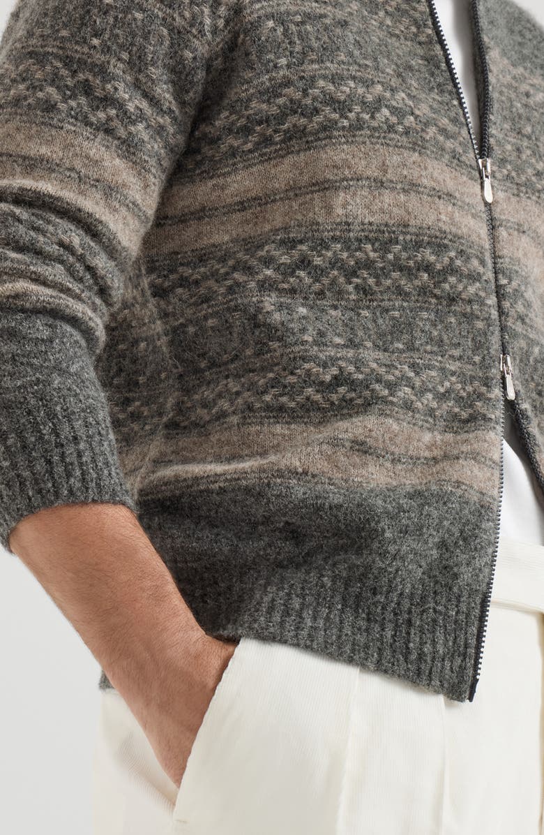 Brunello Cucinelli Alpaca, cashmere and wool nordic jacquard high-neck cardigan with zip, Alternate, color, Black