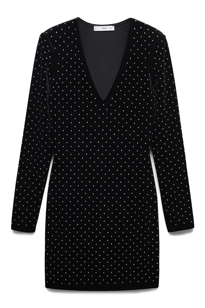Rhinestone Long Sleeve Velvet Minidress, Alternate, color, BLACK