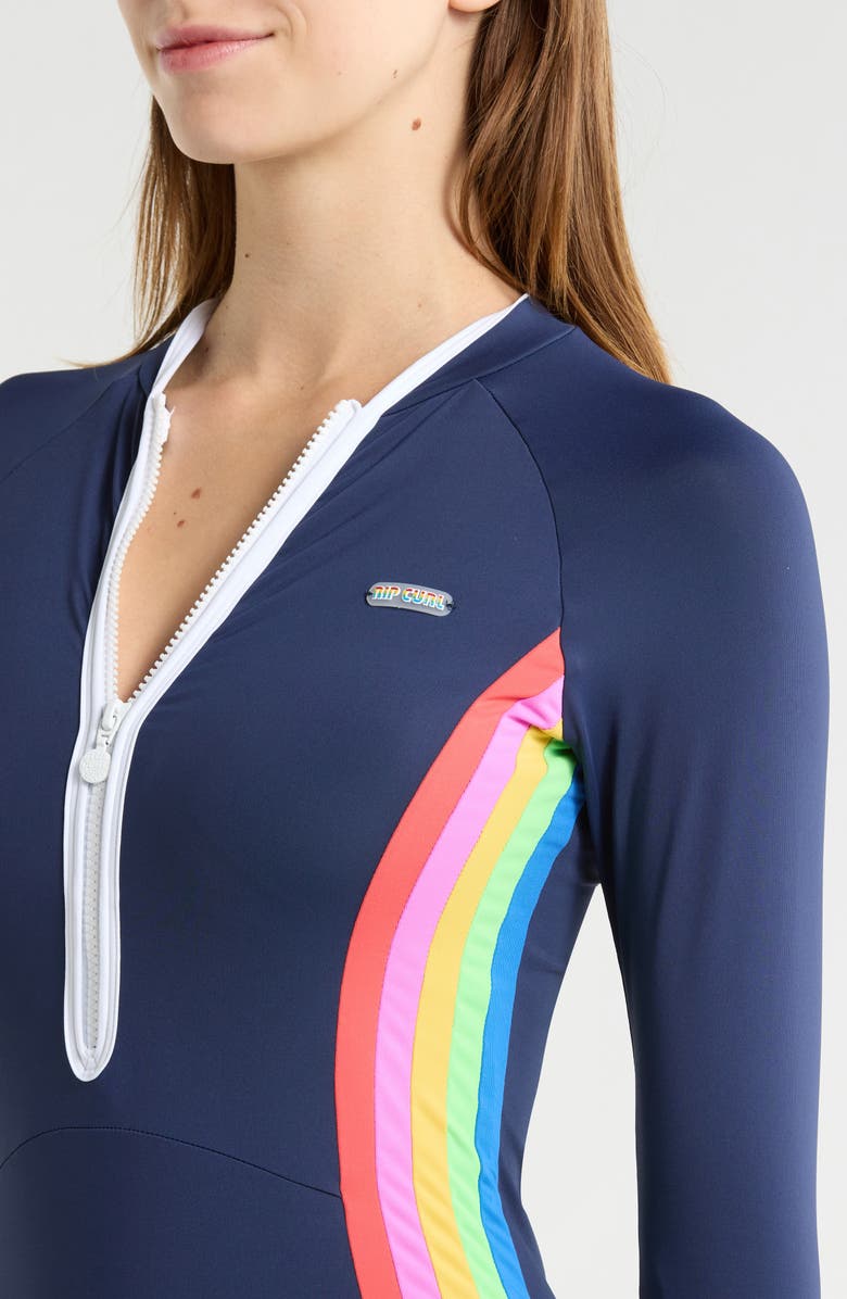 Rip Curl Surf Stripe Long Sleeve UPF 50+ One-Piece Rashguard Swimsuit, Alternate, color, Dark Navy