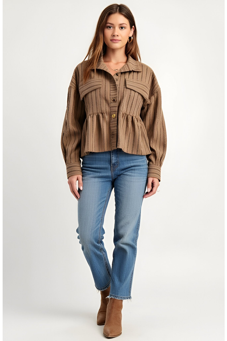 Striped Button-Front Shirt Jacket with Peplum Hem and Chest Pockets, Alternate, color, Striped