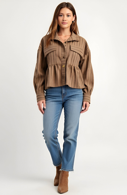 Modenaire Striped Button-front Shirt Jacket With Peplum Hem And Chest Pockets In Brown