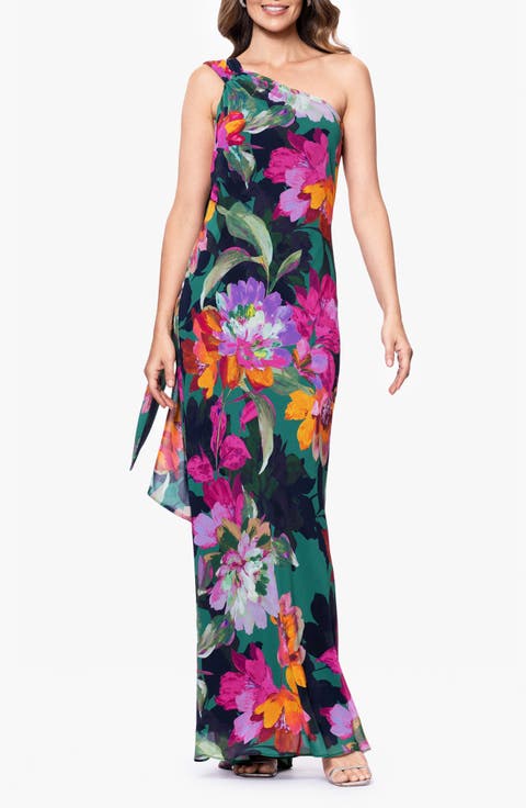 Floral One-Shoulder Chiffon Gown