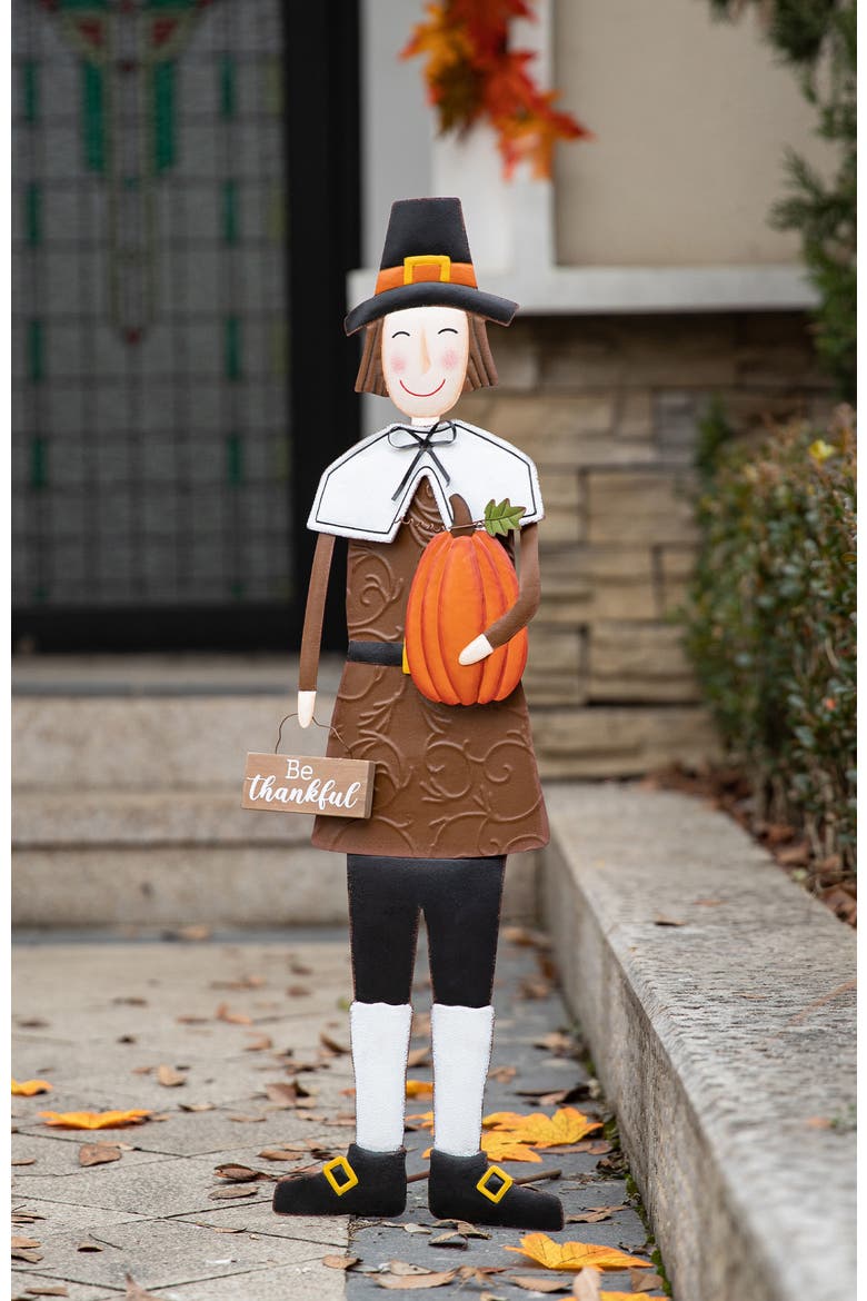 Metal Thanksgiving Pilgrim Boy Girl Yard Stake Standing or Wall Decor, Alternate, color, Brown