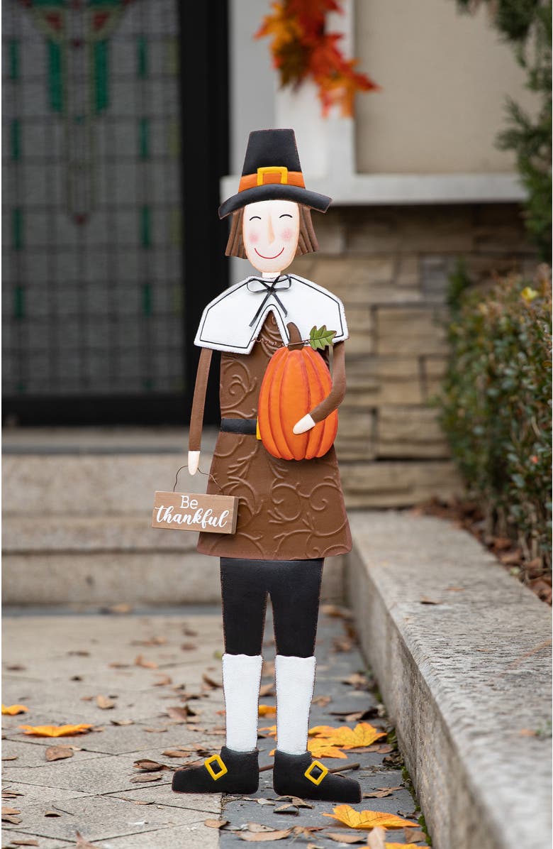 Glitzhome Metal Thanksgiving Pilgrim Boy Girl Yard Stake Standing or Wall Decor, Alternate, color, 