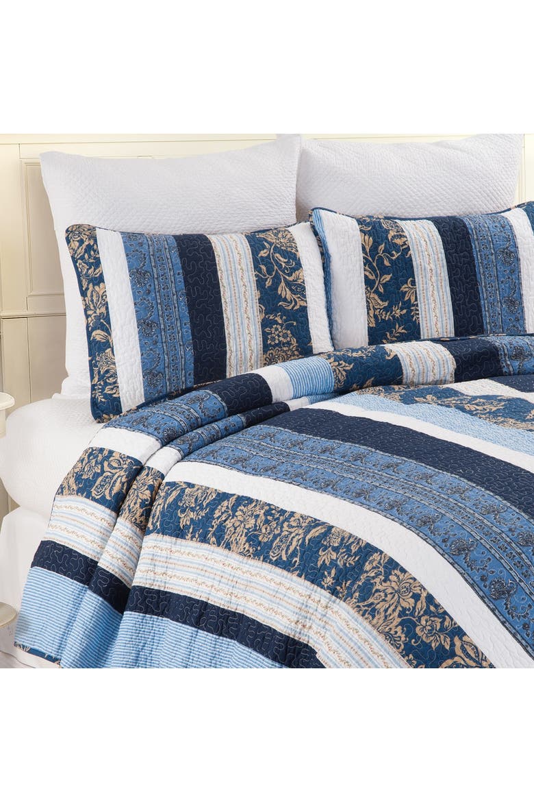 Lakeland Patchwork Cotton Quilt Set - Reversible and Machine Washable, Alternate, color, Blue