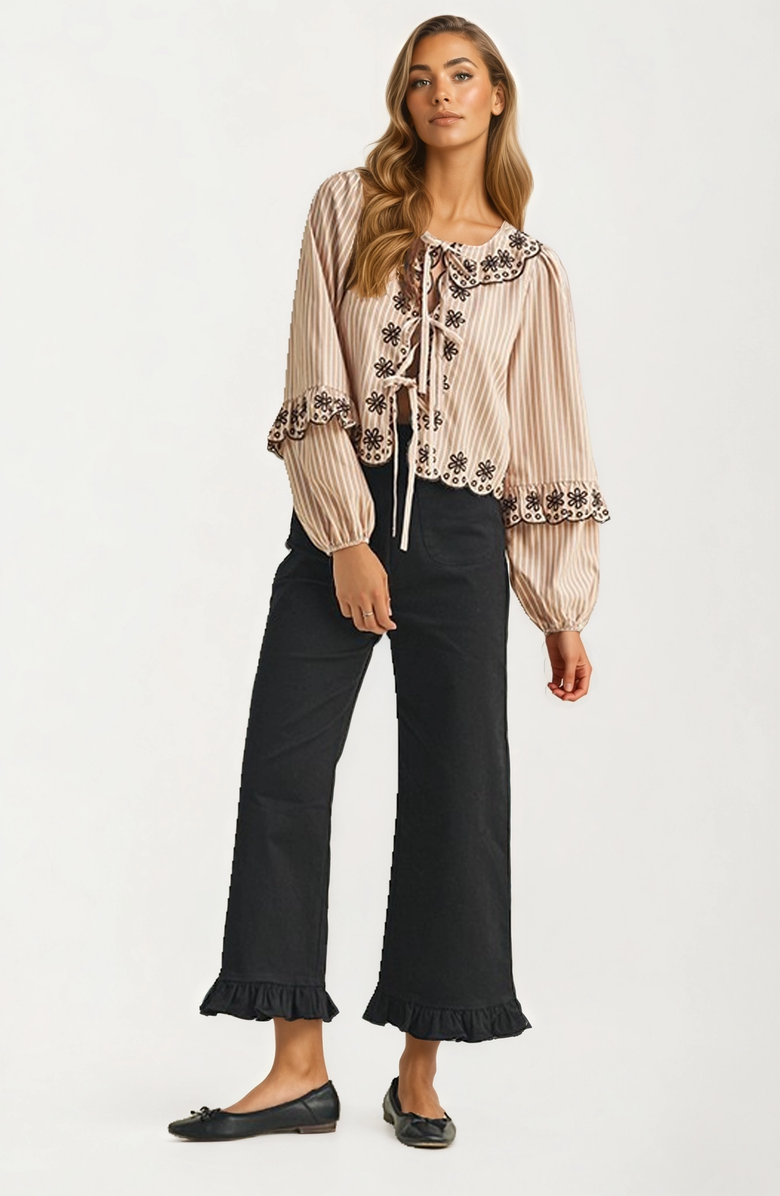 Knit and Lounge Striped Tie-Front Blouse with Floral Embroidered Trim, Alternate, color, Taupe / Black Embroidery