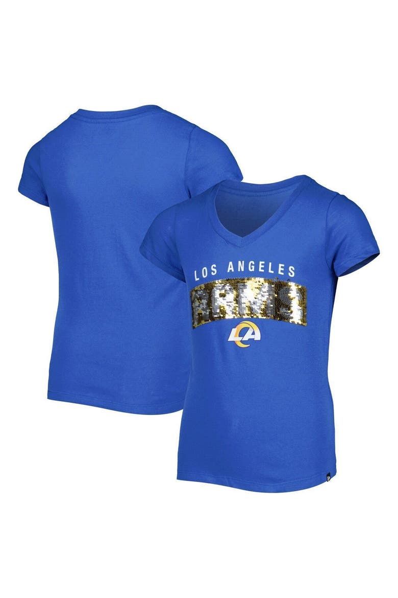 Girls Youth New Era Royal Los Angeles Rams Reverse Sequin Wordmark V-Neck T-Shirt, Main, color, Royal