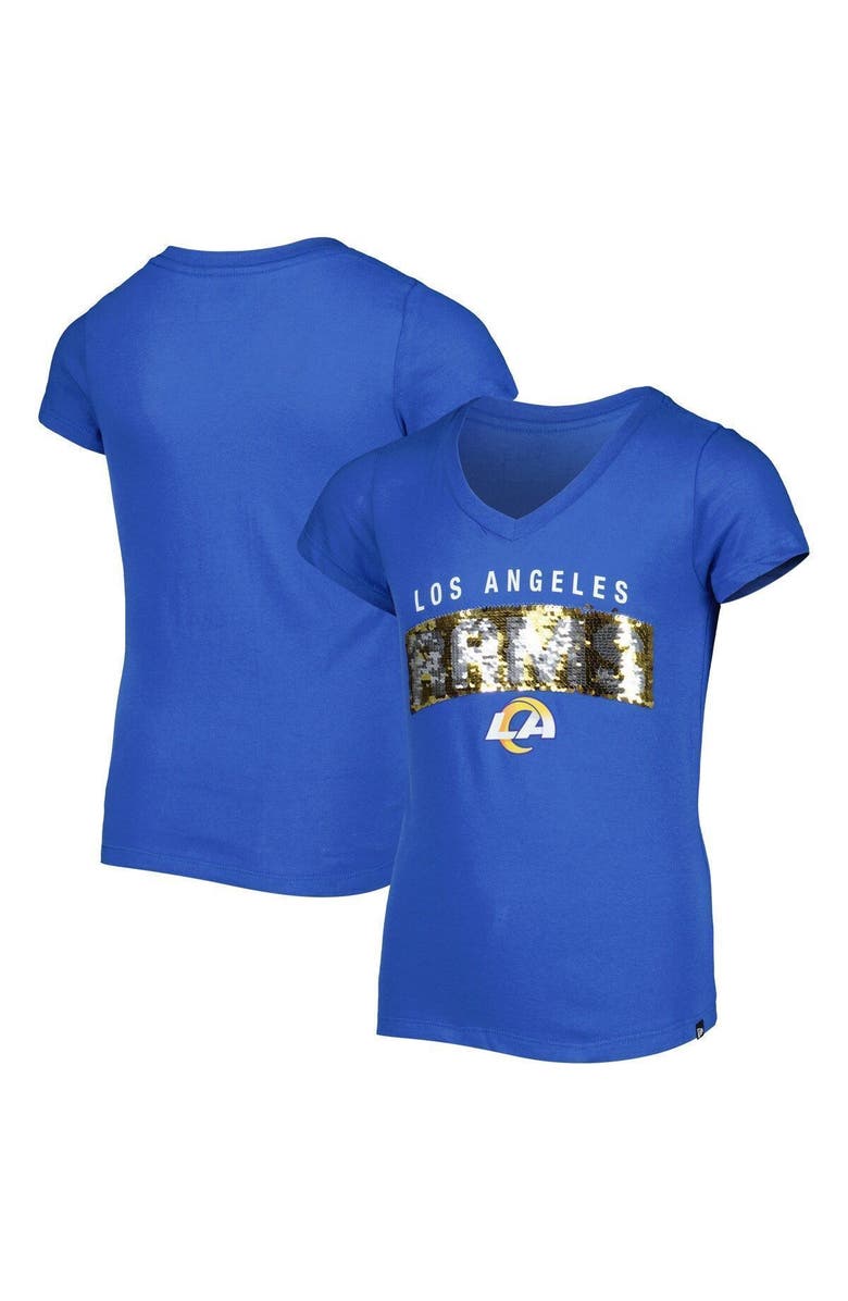 New Era Girls Youth New Era Royal Los Angeles Rams Reverse Sequin Wordmark V-Neck T-Shirt, Main, color, 