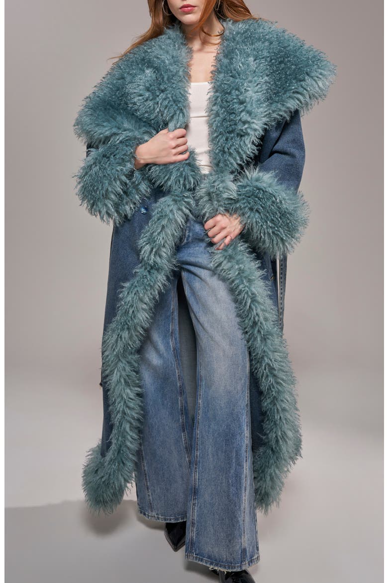 Vellum Faux Fur Trim Denim Trench Coat, Alternate, color, DENIM