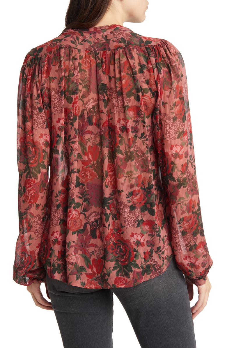 PAIGE Elynne Ruffle Floral Silk Button-Up Blouse, Alternate, color, Burgundy Dust Multi