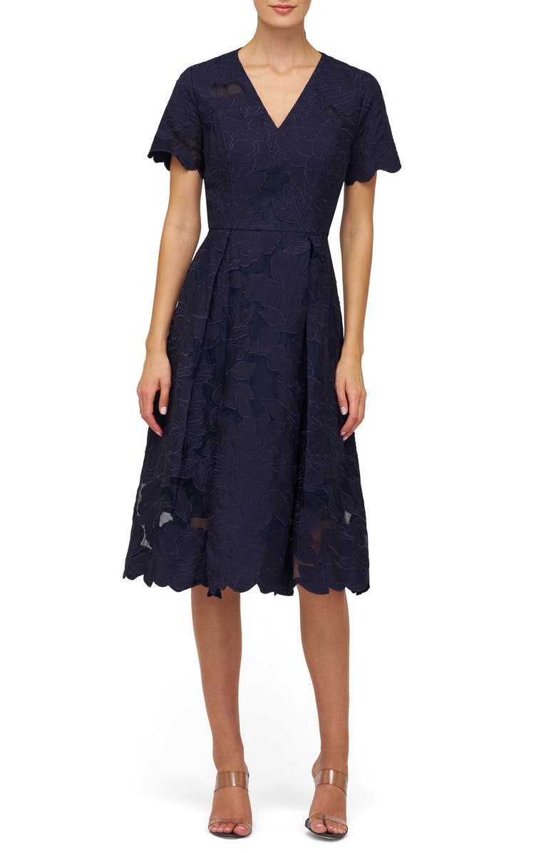 Kay Unger Luna Embroidered Midi Dress, Main, color, Midnight Blue