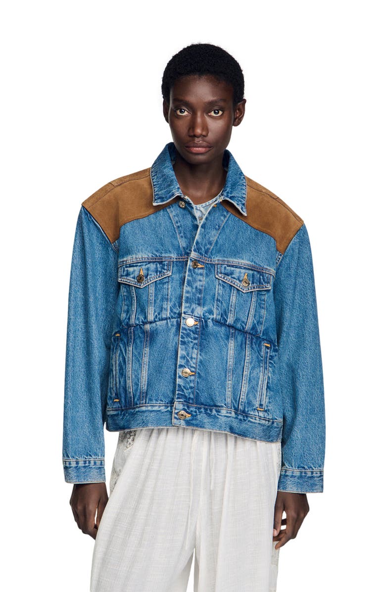 SANDRO Denim and suede jacket, Main, color, Light Bu Jean