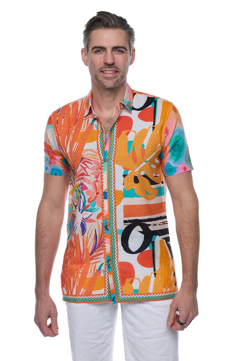 Extra Trim Fit Print Linen & Cotton Camp Shirt, Alternate, color, ORANGE