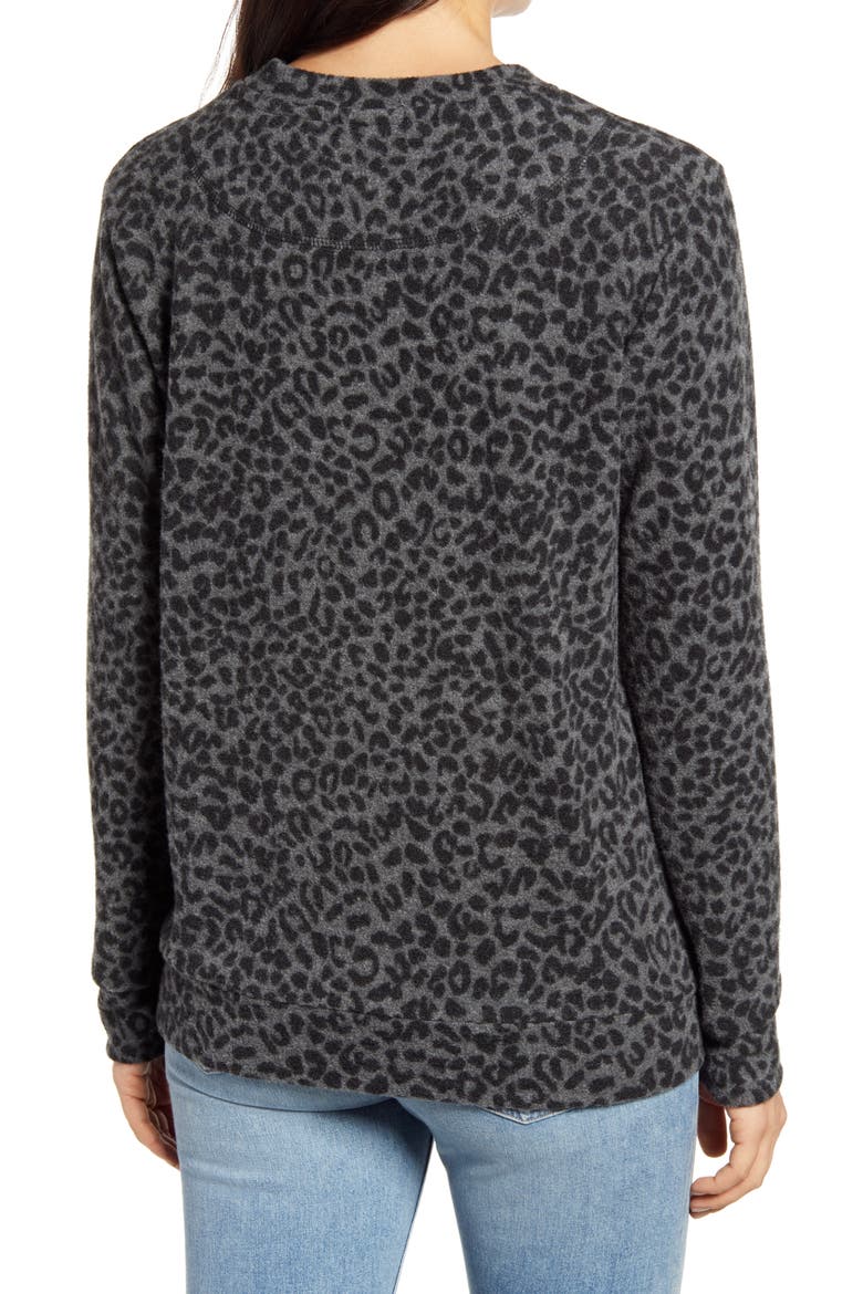 Brushed Leopard Print Long Sleeve Crewneck Top, Alternate, color, GRAY/ BLACK