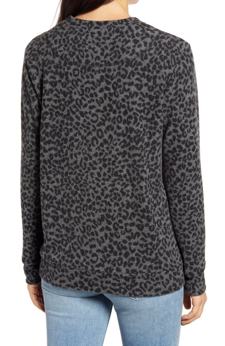 Loveappella Brushed Leopard Print Long Sleeve Crewneck Top, Alternate, color, Gray/ Black