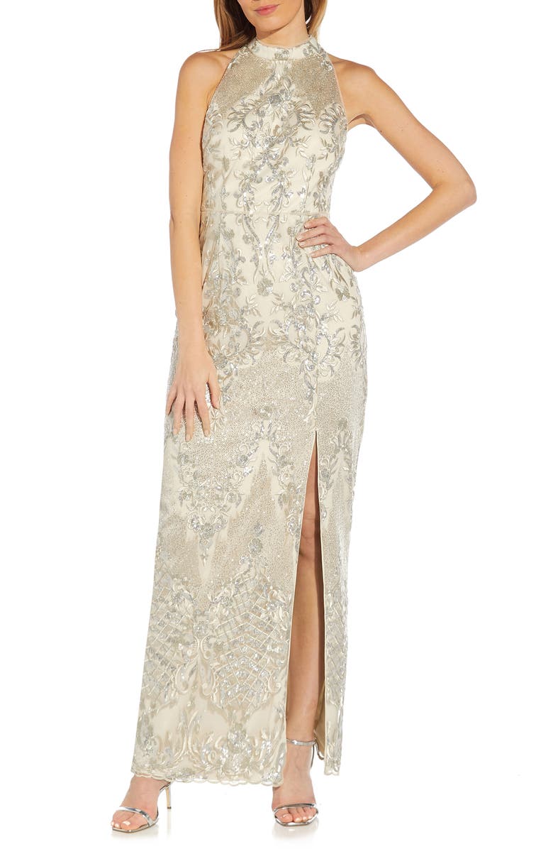 Adrianna Papell Sequin Embroidered Halter Evening Gown, Main, color,