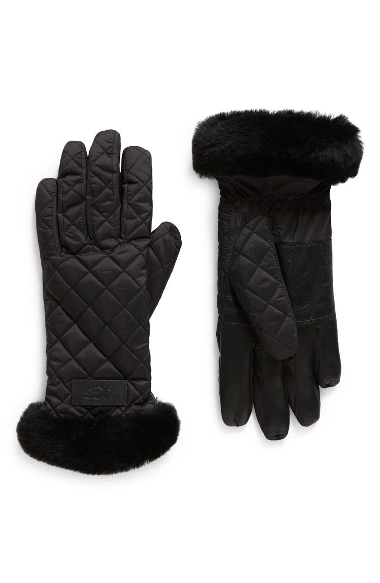 UGG<sup>®</sup> Faux Fur Trim Quilted Gloves, Main, color, 