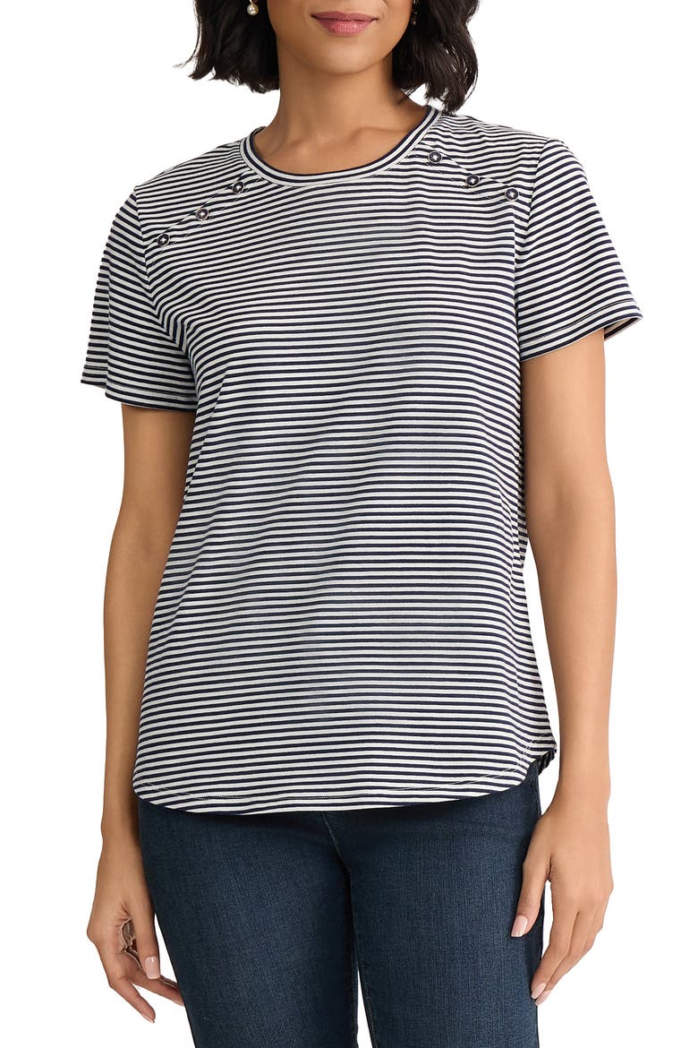 Button Shoulder Stripe Stretch Cotton T-Shirt, Main, color, PACIFIC NAVY/NATURAL WHITE