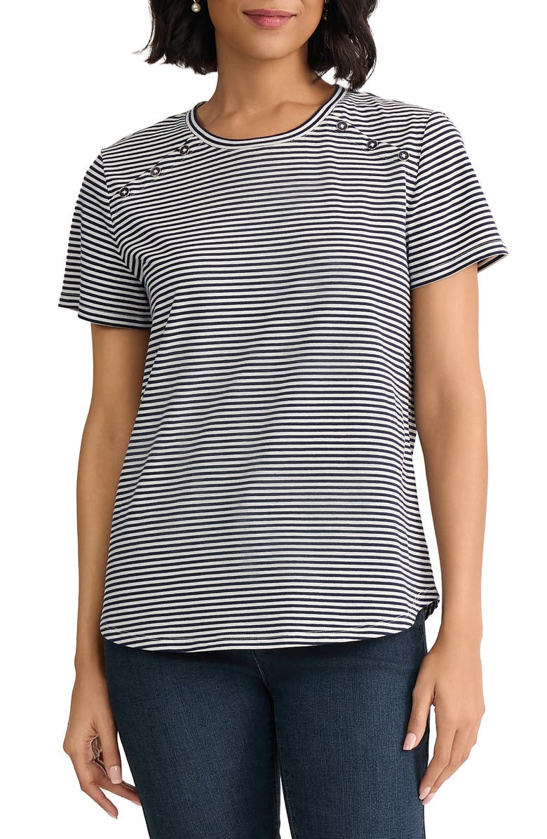 Jones New York Button Shoulder Stripe Stretch Cotton T-Shirt, Main, color, Pacific Navy/Natural White