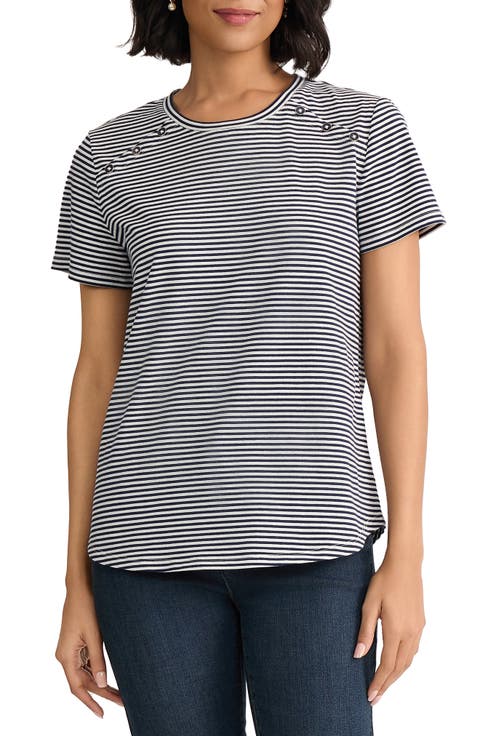Button Shoulder Stripe Stretch Cotton T-Shirt