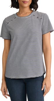 Jones New York Button Shoulder Stripe Stretch Cotton T-Shirt