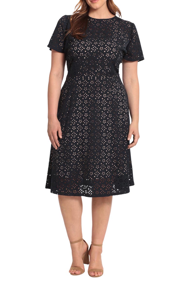 Laser Cut A-Line Dress, Main, color, NAVY