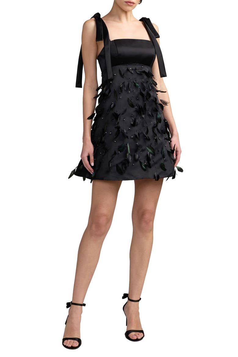 Square Neck Tie Strap Feather Detail Dress, Main, color, Black